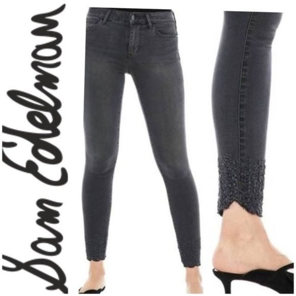 Sam Edelman "The Kitten" Gray Mason Mid Rise Angled Hem Skinny Jeans